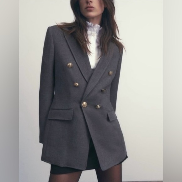 Zara Grey Gray Double Breasted Knit Wool Like Structured Military Blazer Jacket - Picture 16 of 16